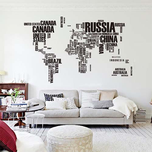 Large Black World Map Wall Art Stickers for Living Room
