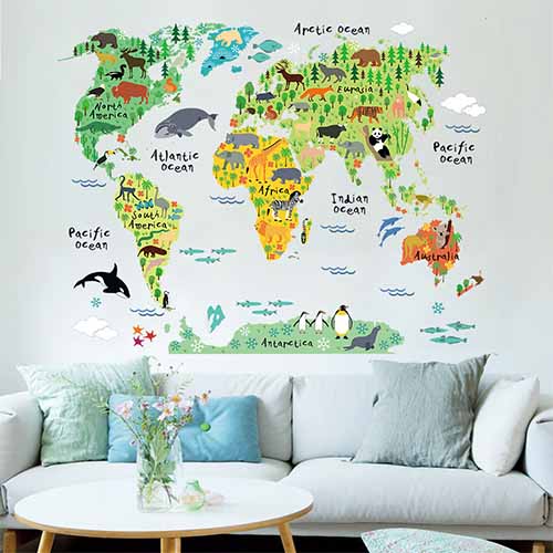 Large yet Removable World Map Wall Art Decals for Living Room